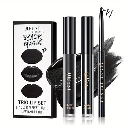 3pcs Black Lip Liner And Lipstick Set Liquid Matte Lipstick Velvet Charming Long-Lasting Waterproof Lip Gloss Makeup Kit for Halloween Goth Face Body Paint Cosplay Party Accessories Dress Up