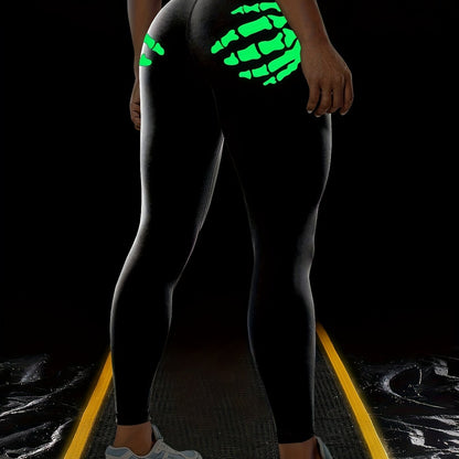 Women'S High-Waisted Stretchy Fitness Leggings with Glow-in-the-Dark Skull Print - Black, Elastic Waistband, Long Length for Running, Yoga & Halloween Party Wear, Yoga Pants, Halloween Leggings, Bold Graphic Pants, Highelasti