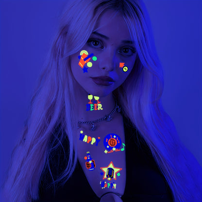 120pcs Glow in the Dark Neon Temporary Tattoos - Waterproof Fluorescence, Rock & Roll Disco Party Supplies for Women, Men, and Adults - Vibrant Fluorescent Tattoo Stickers for Makeup and Rave Events, Party Makeup | Vibrant Ta