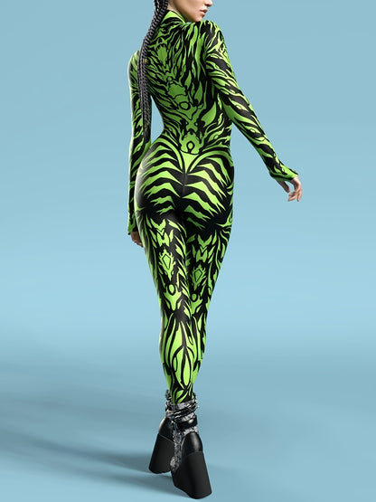 ENNMEI Women's Sexy Long Sleeve Bodycon Jumpsuit - Neon Green Geometric Print, Stretchy & Machine Washable, All-Season Party & Performance Outfit, Festive Attire, Sensual Apparel, Sleek Fit