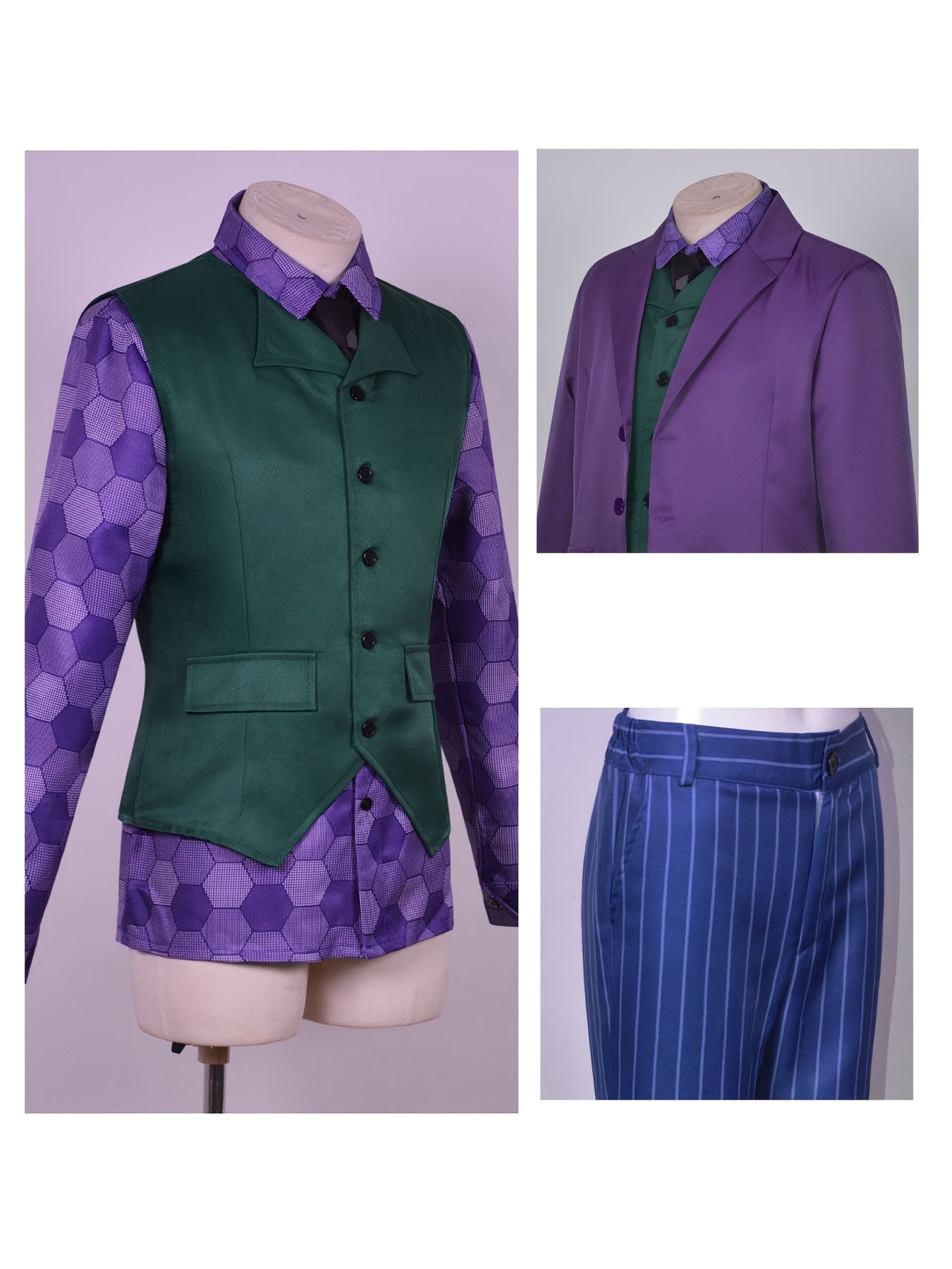 Halloween Men'S Fashion Purple Clown Six-Piece Set, Complete with Meticulously Crafted Scary Party Clown Outfit Including Long Coat, Shirt, Vest, Trousers, Tie, And Gloves.