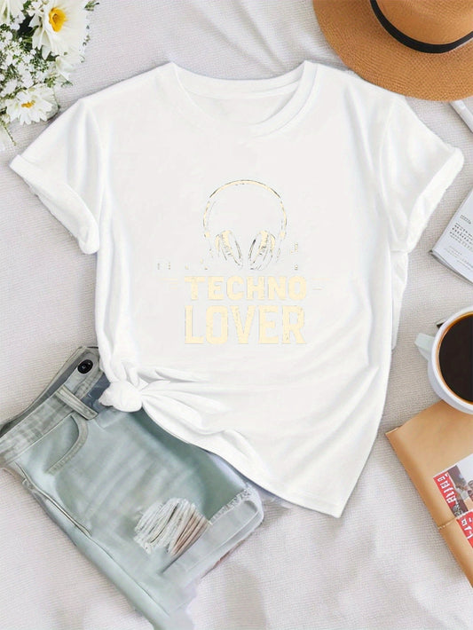 Women'S "Techno Lover" Graphic T-Shirt - Green Casual Crew Neck Tee with Headphones Design, Short Sleeve for Spring & Summer, Casual Attire|Playful Print|Comfortable Fit, Techno Tshirt