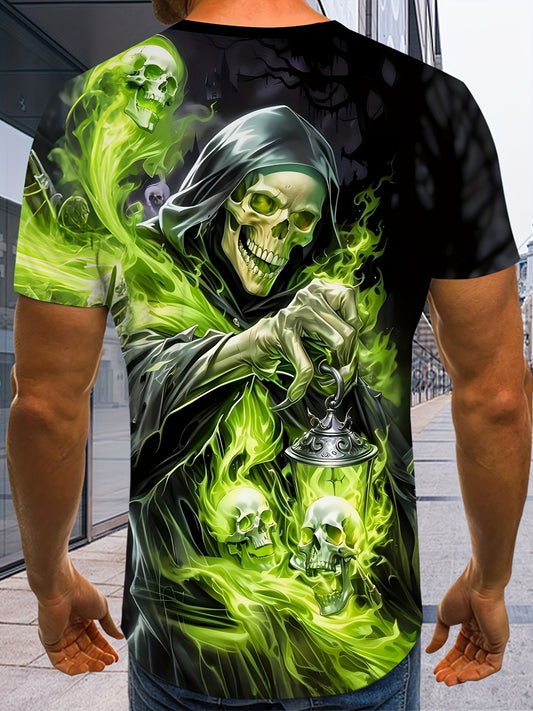 Men'S Casual Crew Neck T-Shirt with 3D Skeleton Print, Green Flame and Skulls Design, Lightweight Polyester Fabric, Regular Fit Short Sleeve Tee for Casual Attire, Outdoor Tshirt | Unique Graphic Tee | Durable Casualwea