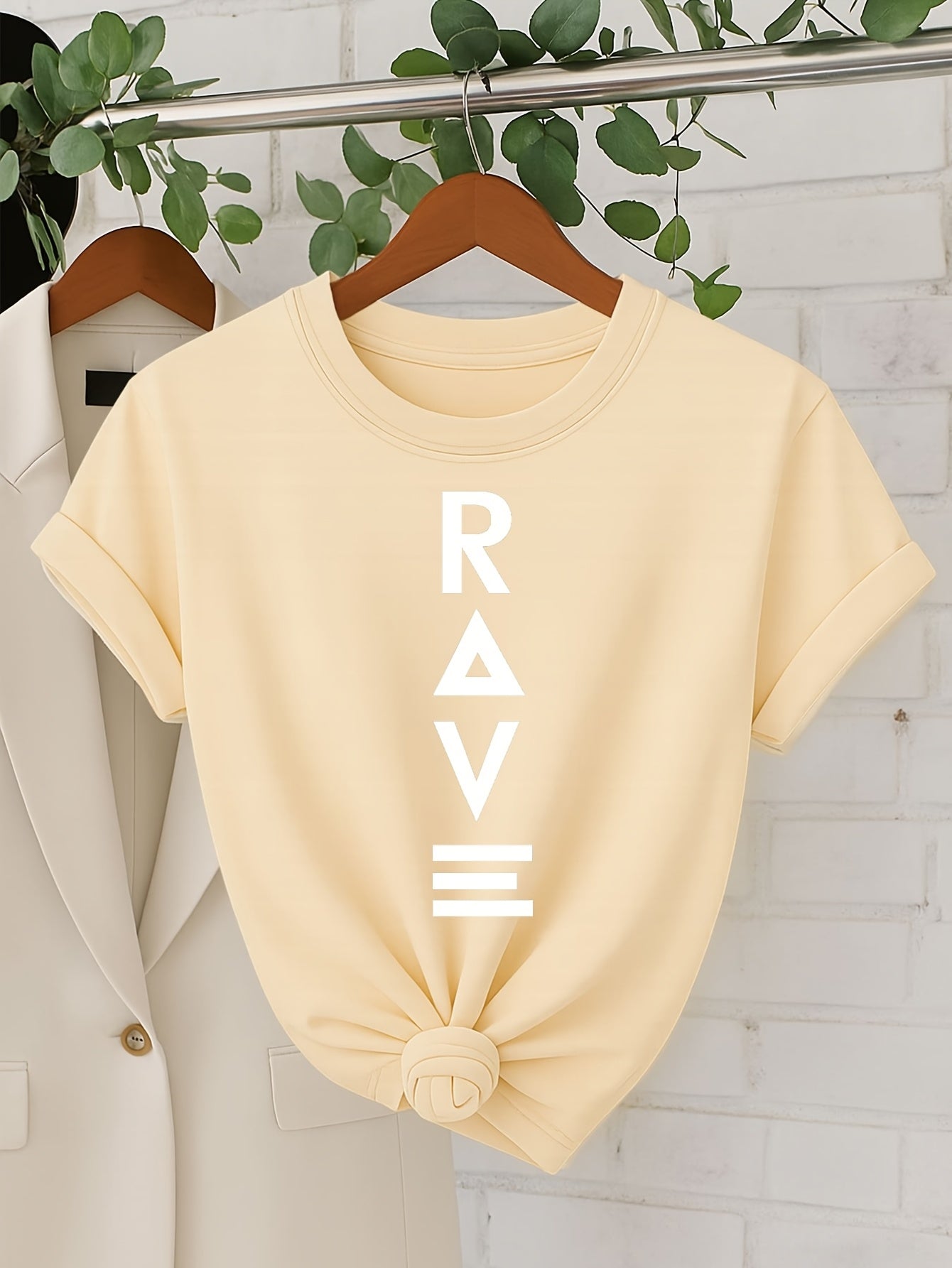 Women's Casual Short Sleeve T-Shirt - Black with Vertical White RAVE Print, Relaxed Fit Round Neck, Machine Washable All-Season Comfort Top, Rave Clothing, Classic Round Neck, Nontransparent Fabric