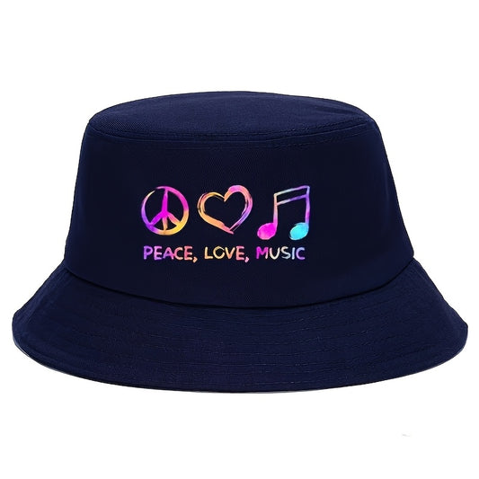 1-Pack Stylish Unisex Bucket Hat with Colorful Peace Signs, Hearts & Music Notes Design, "PEACE LOVE MUSIC" Text - Black Fashion Hat for Men & Women, Casual Outdoor Festival Accessory, Festival Hat, Music Event Accessory, Tre