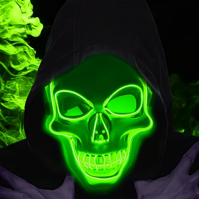 LED Glowing Skull Mask with Blue Light Effects - Self-Lit Halloween Costume Party Mask with Expressive Eyes & Sharp Teeth, Battery-Powered (Batteries Not Included) for Men's Costumes, Themed Events, Gothic Performances - Comp