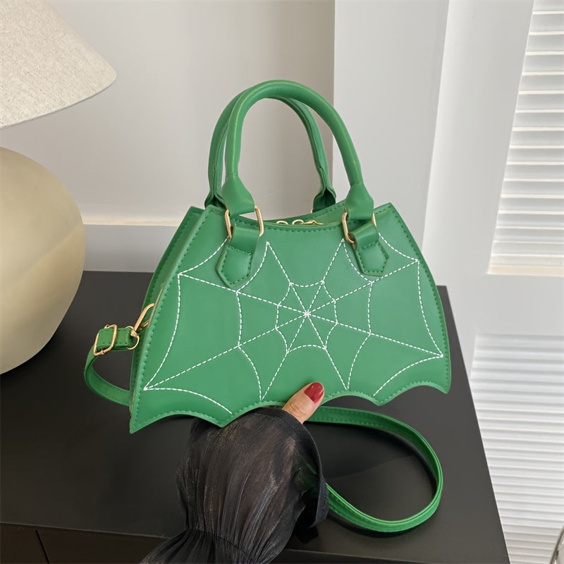 Halloween Women'S Bat Wing Spider Web Handbag - Lightweight Synthetic Faux Leather Tote with Geometric Spider Web Design, Zipper Closure & Detachable Strap, Gothic Style for Daily Use or Party Outfits, Durable Polyester Linin