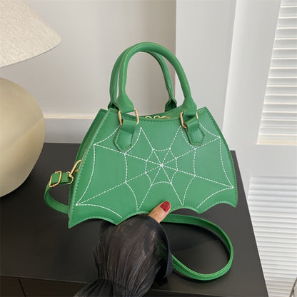 Halloween Women'S Bat Wing Spider Web Handbag - Lightweight Synthetic Faux Leather Tote with Geometric Spider Web Design, Zipper Closure & Detachable Strap, Gothic Style for Daily Use or Party Outfits, Durable Polyester Linin