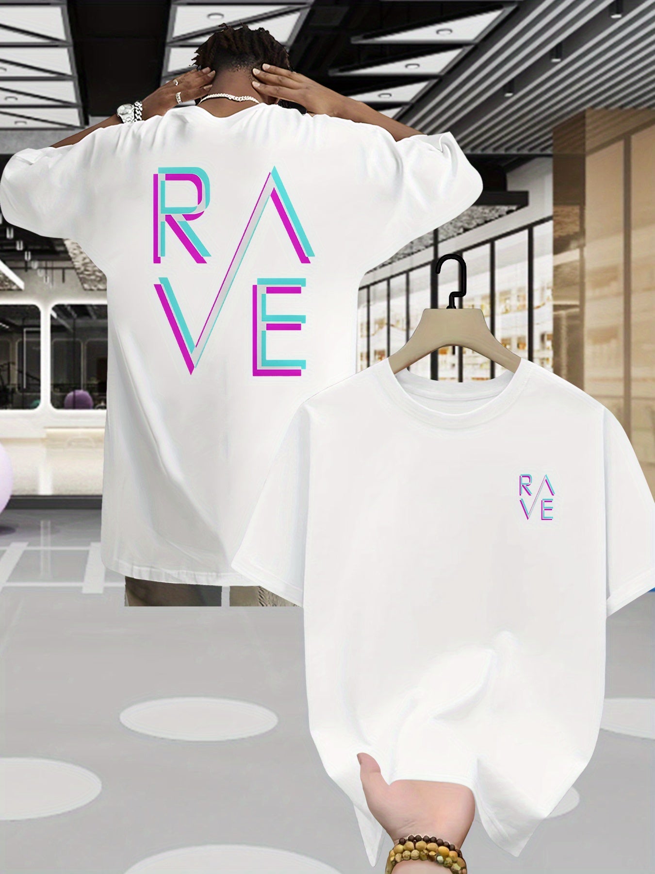 Men'S Summer Casual RAVE Graphic T-Shirt - Black with Pink & White Neon Print, Short Sleeve, Round Neck, Lightweight Polyester Blend, Perfect for Casual Attire, Everyday Tshirt | Round Neck Shirt | Comfortable Fit