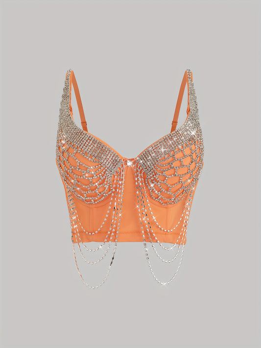 Women'S Glittery Orange Mesh Top with Tassels - Sexy V-Neck, Sleeveless Crop Tank for Casual or Party Wear, All-Season Fashion, Party Attire|Vneck Top|Mesh Fabric