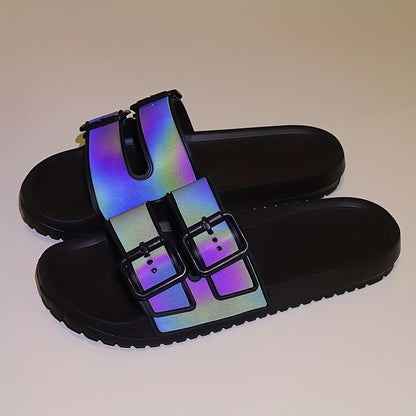 Unisex Fashion Slide Sandals | Adjustable Buckle Straps | Reflective Rainbow Holographic Design | Ultra-Fine Microfiber & EVA Sole | Non-Slip, Durable | Versatile Indoor/Outdoor Use, Strappy Sandals