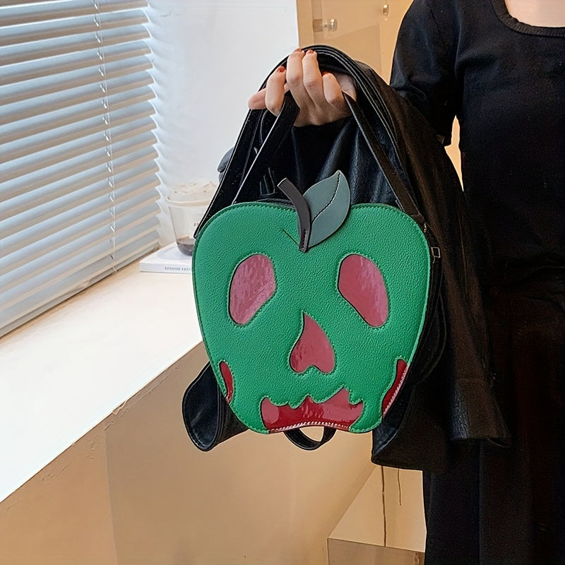 [Halloween] Women's Halloween Skeleton Apple Crossbody Bag - Adjustable Strap, Zipper Closure, Polyester Lining, Green & Red Contrast Design, Perfect For Halloween Accessories, Halloween Accessories Bag | Skeleton Apple Print
