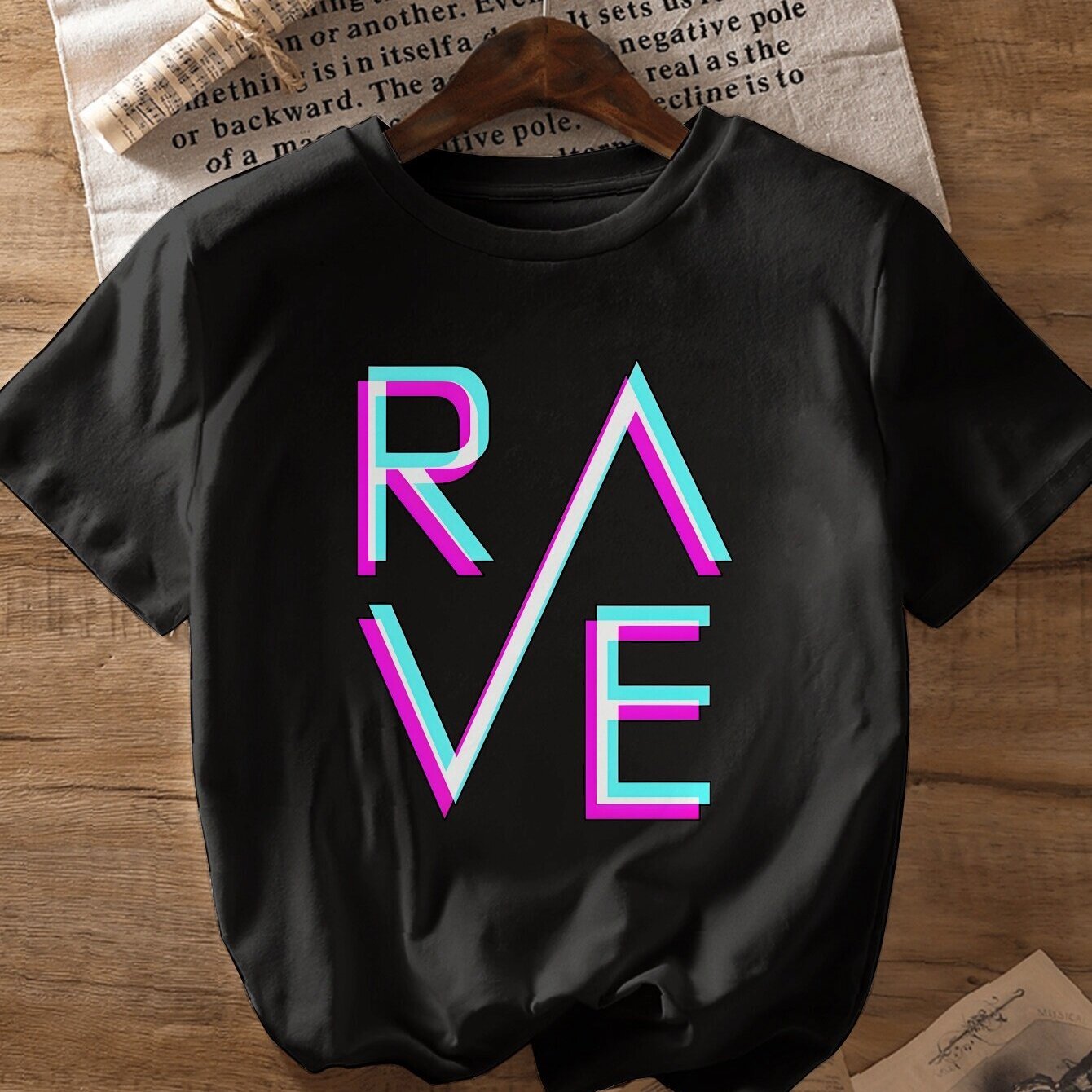 Women's Slim Fit RAVE Graphic T-Shirt - White Casual Short Sleeve Round Neck Polyester Top with Vibrant Pink & Blue Lettering, Machine Washable for Casual Attire & Parties, Party Outfit, Modern Aesthetic, Smooth Texture