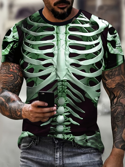 Men's Skeleton Print T-Shirt, Casual Polyester Short Sleeve Tee, Round Neck, Summer Fashion Top, Regular Fit, Halloween Themed, Knit Fabric