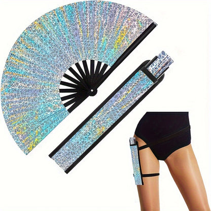 Large Glitter Rave Folding Clack Hand Fan with Holster - Vibrant Mosaic Pattern, Durable Bamboo for Festivals, Halloween, EDM Parties, Burlesque & Drag Queen Performances - Unisex Accessory, Halloween Accessory | Contemporary