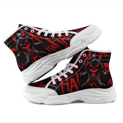 [Devil Graphic Sneakers] Men's Plus Size Devil Graphic High-Top Sneakers - Lightweight, Breathable Lace-Up Trainers with TPR Sole | Comfortable Walking Shoes for Halloween, Casual Outdoor Wear, All-Season Use, Trendy Footwear