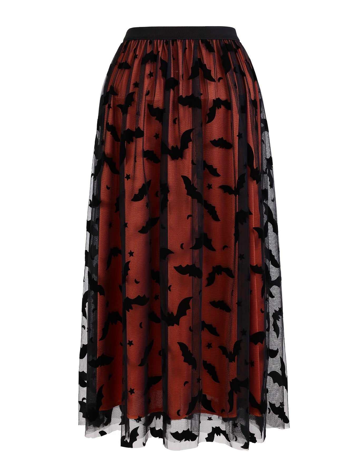 Plus Size - Elegant Plus Size Purple Tulle Skirt with Black Bat Print - Mid-Length, Flowy Design, Perfect for Casual or Formal Occasions, Formal Occasion Skirt | Bat Print Skirt | Polyester Fabric
