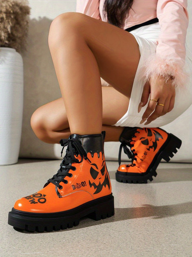 Trendy Plus Size Women's Halloween Print Lace-Up Boots - Thick Low Heel Round Toe PU Cover Short Boots with Rubber Sole, All-Season Comfort for Casual & Festive Occasions