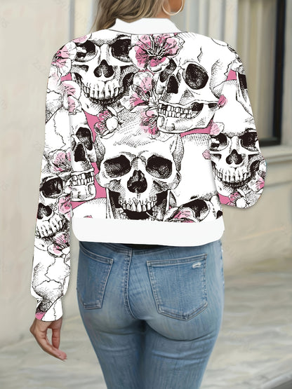 [Edgy Gothic Jacket] Gothic Women's Jacket - Black & Pink Skull Print, Zipper Front Coat | Machine Washable, Lightweight Outerwear for Halloween, Parties, Everyday Edgy Style - Non-Transparent Jacket, Halloween Clothes, Party