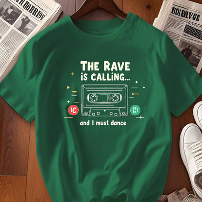 Women's Black Retro Rave Cassette & Dance Icons Graphic T-Shirt - "The Rave is Calling" Short Sleeve Crew Neck Top, Medium Stretch Casual Tee for Summer & Spring, Machine Washable, Rave Accessories, Spring Fashion Top, Playfu