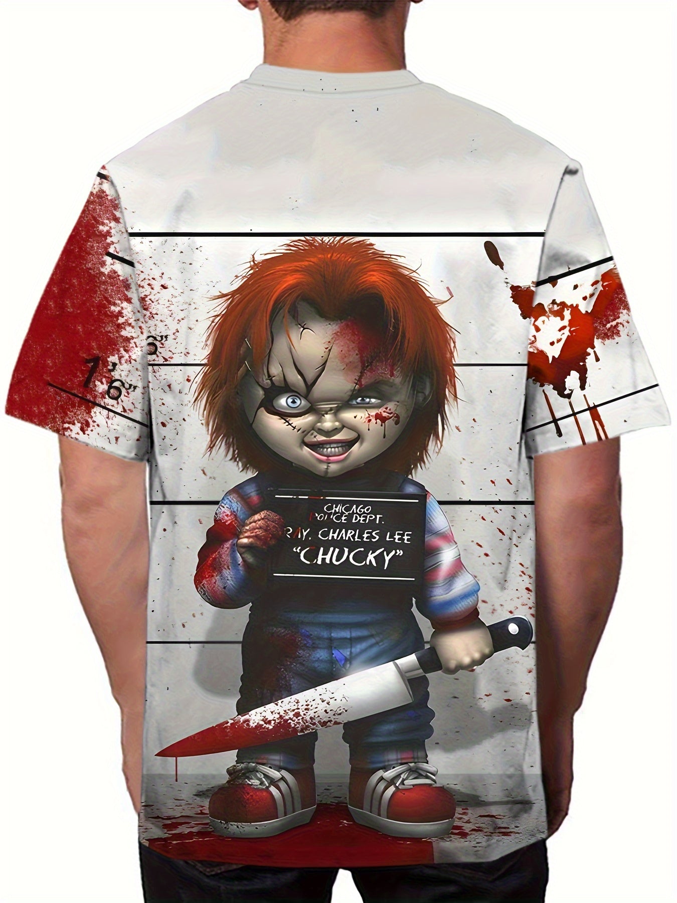 Men'S Halloween Graphic T-Shirt - 3D Print Chucky Design with Blood Splatter, Black Shorts, and Knives, Casual Crew Neck Tee for Casual Attire, Halloween Shirts