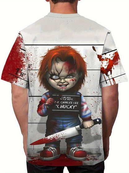 Men'S Halloween Graphic T-Shirt - 3D Print Chucky Design with Blood Splatter, Black Shorts, and Knives, Casual Crew Neck Tee for Casual Attire, Halloween Shirts