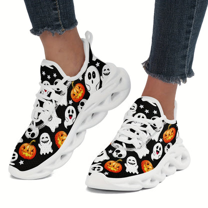 Ghosts and Pumpkins Ladies Outdoor Blade Bottom Breathable Mesh Face Shock Absorption Comfortable Wear Resistant Bounce Low Top Sports Shoes, Suitable for Halloween Shoes