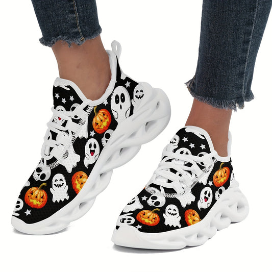 Ghosts and Pumpkins Ladies Outdoor Blade Bottom Breathable Mesh Face Shock Absorption Comfortable Wear Resistant Bounce Low Top Sports Shoes, Suitable for Halloween Shoes