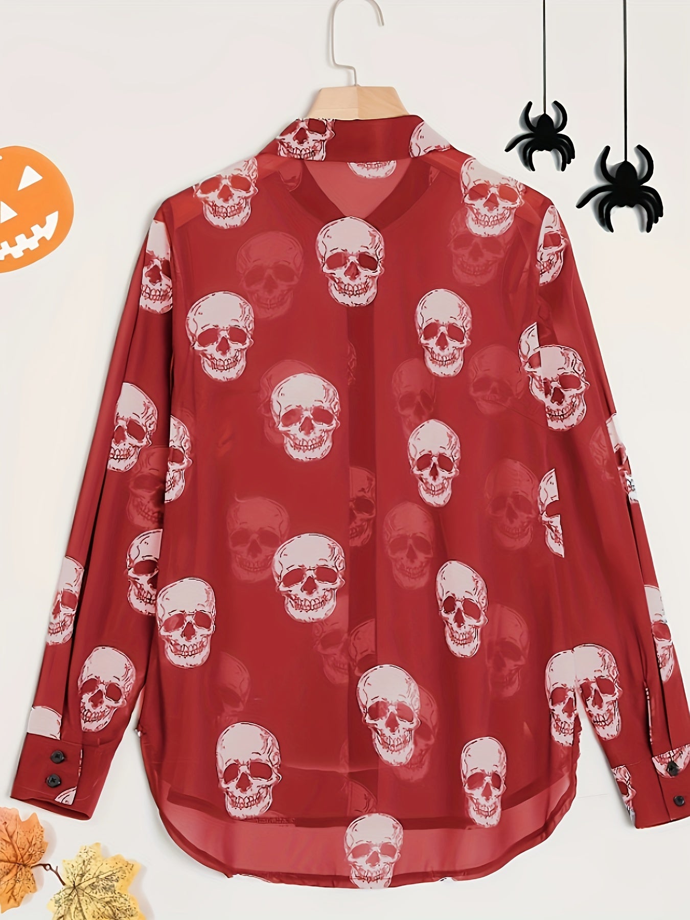 Women'S Elegant Halloween Skull Print Shirt, 100% Polyester Linen Blend, All-Season Lapel Collar, Woven Fabric, 180gsm - Adult Fashion Top