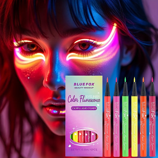 6-Color Fluorescent Eyeliner Set, Rainbow Neon Liquid Eyeliner, Smudge-Proof, Quick-Dry, Glow Neon Makeup Pens for Parties, Stage, Carnivals, Halloween, and Music Festivals