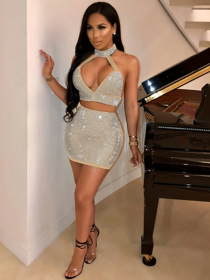 Women'S Sexy Rhinestone-Embellished Deep V-Neck Two-Piece Mini Dress - Stretchy High-Waisted Clubwear with Adjustable Spaghetti Straps, Glittery Sequin Detailing for Nightclub & Party Outfits, Summer Fashion, Elegant Design,