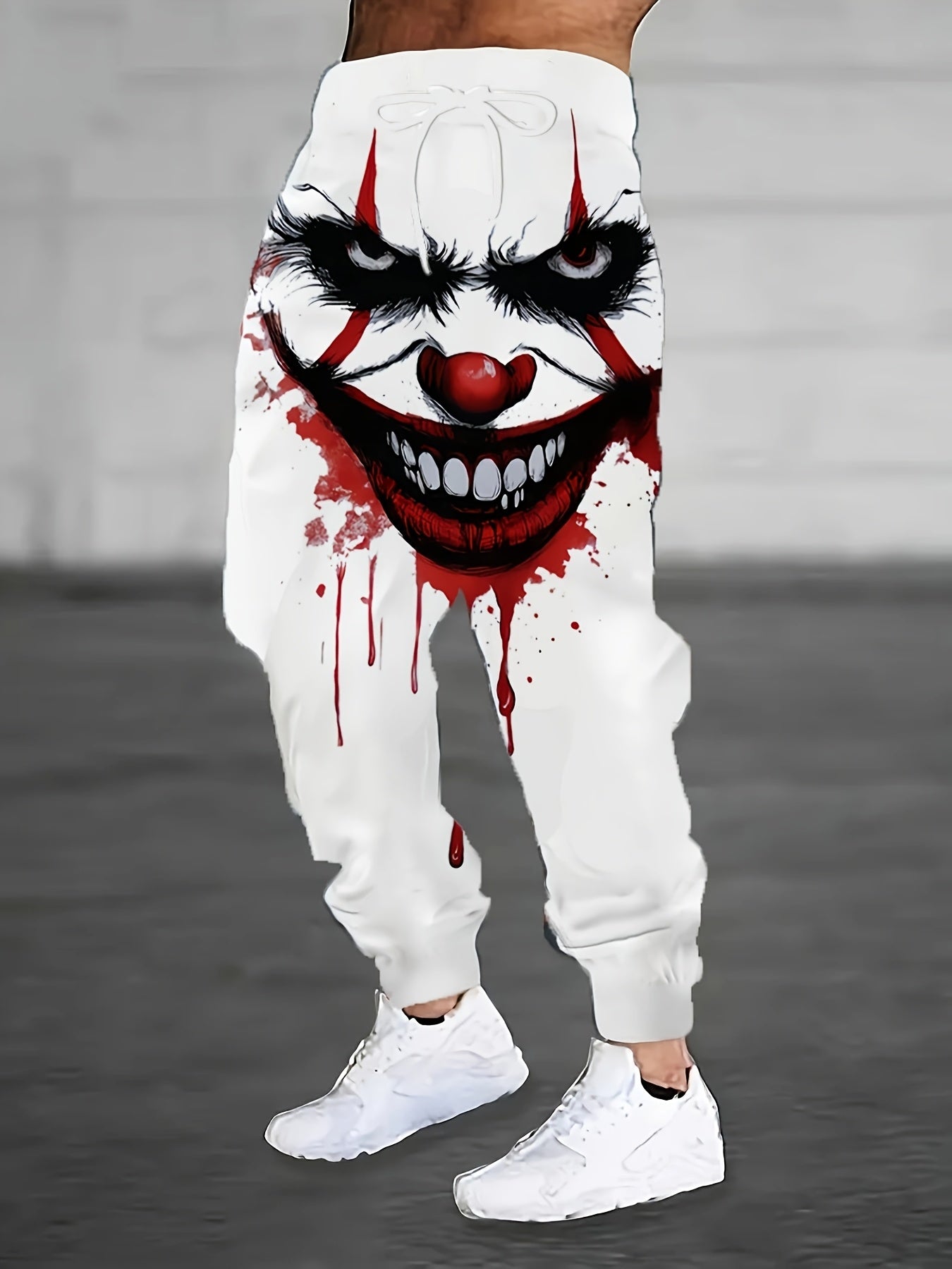 [Scary Horror Clown Pants] Horror Clown Pants for Men | Bloody Splatter Design, White with Red Accents - Costume Party Outfit, Halloween Casual Attire - Funny Scary Jumpsuit Bottoms - Regular Fit Trousers for Everyday or Them