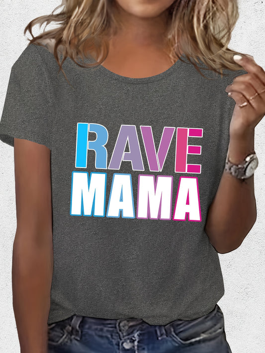 Women'S "Rave Mama" Graphic Tee - Black Casual Summer T-Shirt with Colorful Lettering, Short Sleeve, Round Neck, Lightweight Polyester Blend, Perfect for Festivals & Casual Attire, Festival Clothing | Playful Design | Comfort