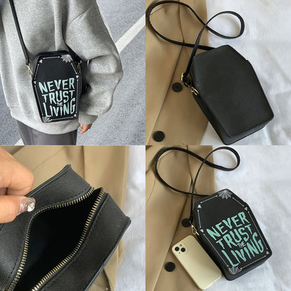 1pc Halloween Coffin-Shaped Fashion Shoulder Bag for Women, Sexy Gothic Faux Leather Crossbody Purse with "Never Trust The Living" Print, Zip Closure, Polyester Lining, and Edge Detailing