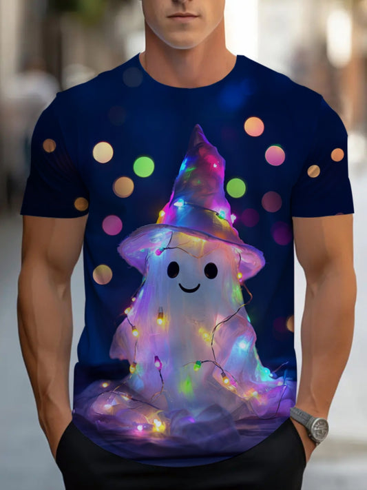 Men's Halloween T-Shirt - Navy Blue Costume Party Shirt with Cute Wizard Hat, Soft Breathable Fabric for Halloween Costumes, Themed Events & Casual Attire - Machine Washable Spooky Apparel Gift for Adults, Halloween Clothes,