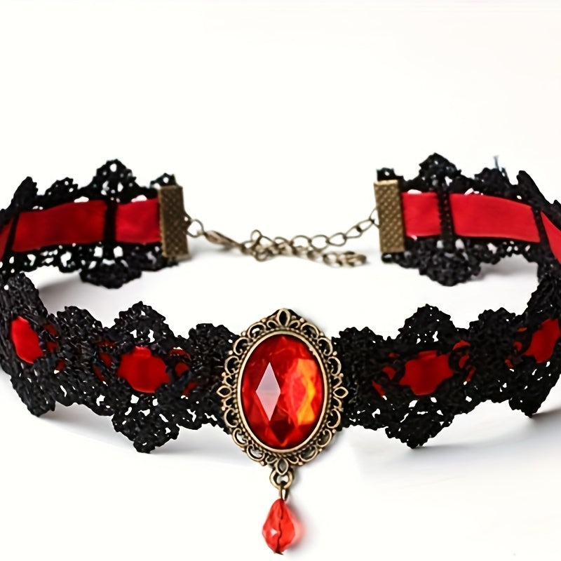 Gothic Lace Choker Necklace with Rhinestone, Adjustable Clavicle Jewelry, Women'S Fashion Collar, Gift for Parties, Halloween, All-Season Accessory