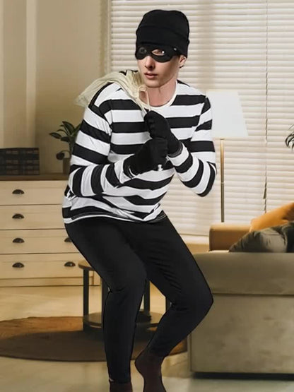 [Strong Criminal Clothing Set] 6pcs Set of Strong Criminal Clothing | Neutered Thief Cosplay Black And White Striped Long-Sleeved T-Shirt, Beanbag Hat, Gloves, Mask, Halloween Money Bag, Transformed Criminal Clothing, Men's P