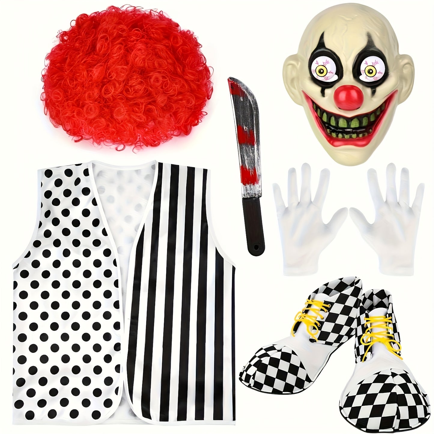 [6pcs Scary Clown Set] 6pcs Scary Clown Costume Accessories Set for Adult - Halloween Wig, Mask, Bloody Machete Prop, Gloves, Striped Vest & Shoes | Scary Circus Outfit Party Props