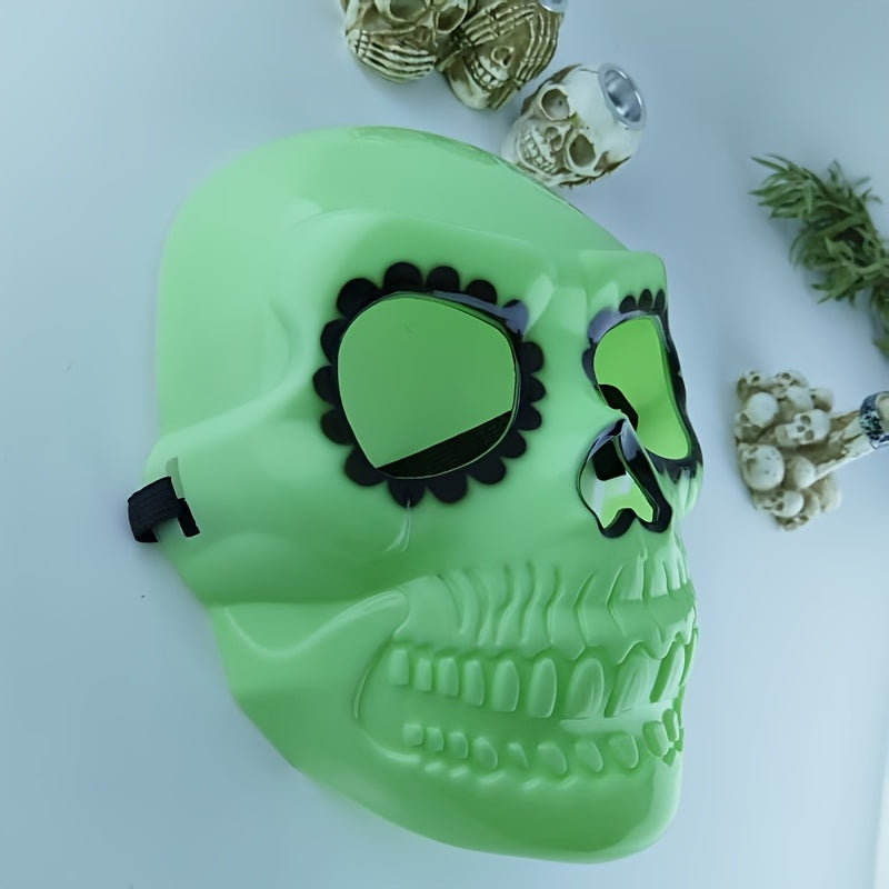 2pcs Glow-in-the-Dark Green Skull Series Luminous Mask & Gloves - Halloween Costume Party Accessory, Fashionable Plastic Makeup Masks for Nighttime Festivities, Halloween Costumes, Glowing Mask, Glowindark Feature