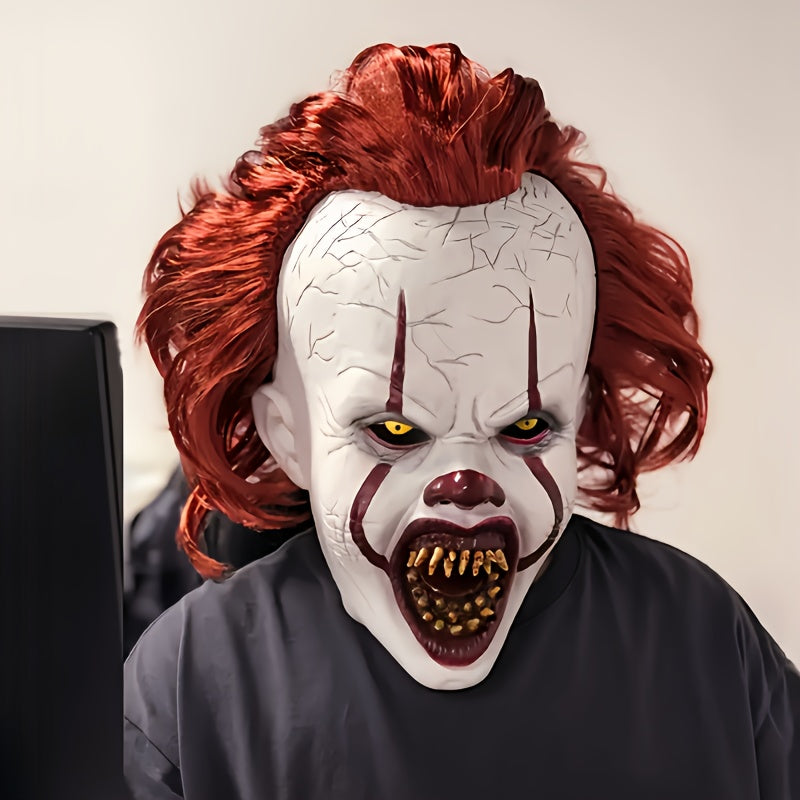 [Scary Clown Horror Mask] Realistic Menacing Halloween Clown Horror Mask | Light Beige, Red Hair, Sharp Teeth - Latex Full Face Mask for Halloween Pranks, Haunted Houses, Scary Performances - Adult Costume Makeup, Detailed Cr