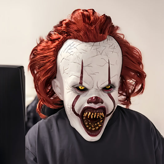 [Scary Clown Horror Mask] Realistic Menacing Halloween Clown Horror Mask | Light Beige, Red Hair, Sharp Teeth - Latex Full Face Mask for Halloween Pranks, Haunted Houses, Scary Performances - Adult Costume Makeup, Detailed Cr