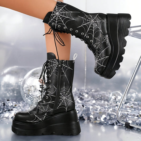 Spooky Style, Black Platform Mid-Calf Boots with Spider Web Design - Casual, All-Season, Zipper Closure, Round Toe, Polyurethane Upper, Fabric Lining & Insole, Casual Footwear|Spooky Theme Boots|Zippered Boots