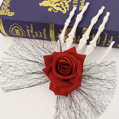 [Gothic Skull Hair Clip] 1pc Vintage-Style Gothic Skull Hair Clip with Faux Roses And Lace | Fashionable Side Hairpin for Spooky Vibe, Perfect for Parties And Everyday Wear