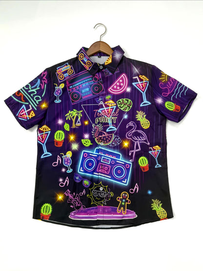 Men'S Casual Tropical Party Neon Graphic T-Shirt - Short Sleeve, Summer Vacation Shirt with Palm Trees, Flamingos, and Music Notes Design, Casual Attire|Tropical Theme|Polyester Fabric
