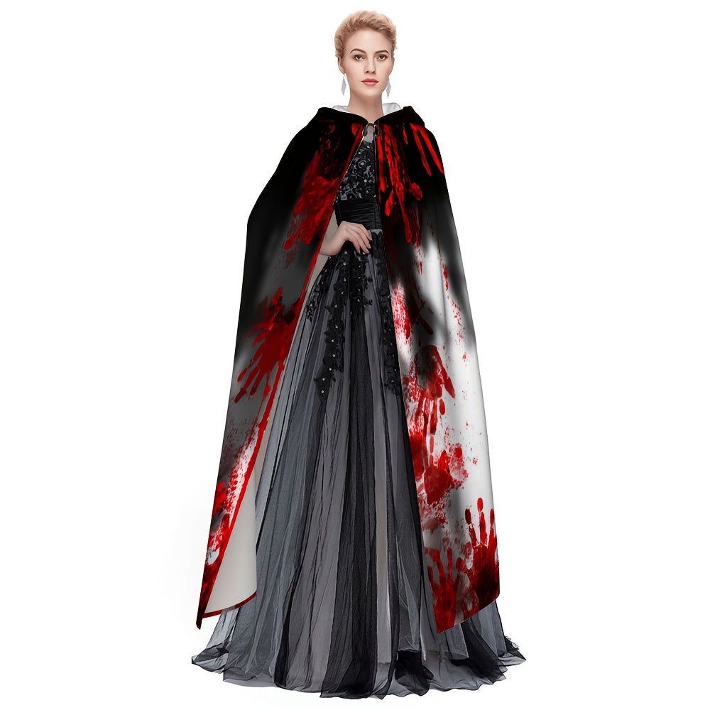 1pc Adult Horror Blood-Splatter Hooded Robe with Adjustable Tie - Realistic Fake Blood Drip Effect, Hand Wash Only, Red & Black Gothic Costume for Halloween, Themed Parties & Cosplay - Spooky Cloak with Handprint Design, Mult