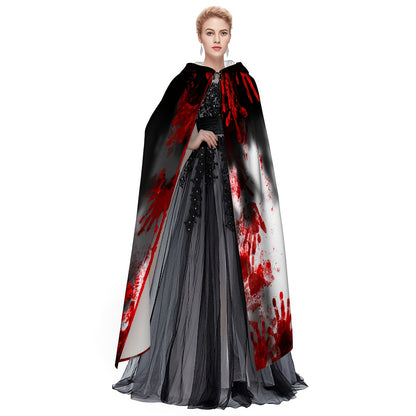 1pc Adult Horror Blood-Splatter Hooded Robe with Adjustable Tie - Realistic Fake Blood Drip Effect, Hand Wash Only, Red & Black Gothic Costume for Halloween, Themed Parties & Cosplay - Spooky Cloak with Handprint Design, Mult