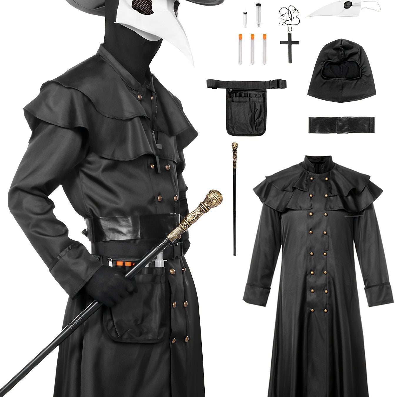 Adult Men'S Steampunk Plague Doctor Costume - Halloween Medieval Monk Priest Renaissance Party Outfit with Cape, Robe, Mask, and Accessories - Polyester 100% Solid Color with Stand Collar and Belt - Regular Fit Woven Fabric 1