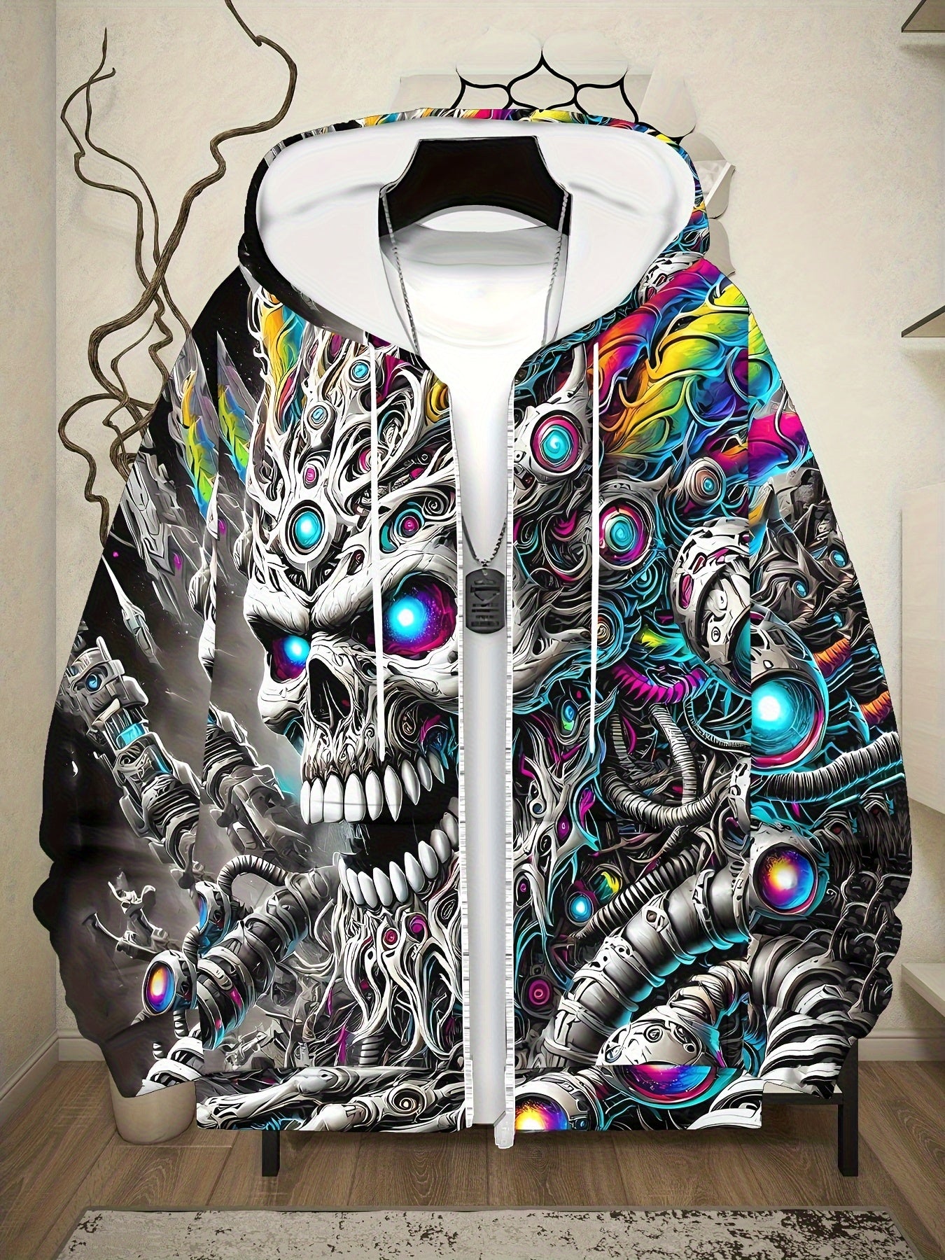 Men's Cyberpunk Gothic Hooded Jacket - Full-Zip Graphic Sweatshirt with Skull & Mechanical Eyes, Front Pockets, Adjustable Drawstring Hood - Lightweight Outerwear for Streetwear, Gym, Halloween Parties - Machine Washable Poly