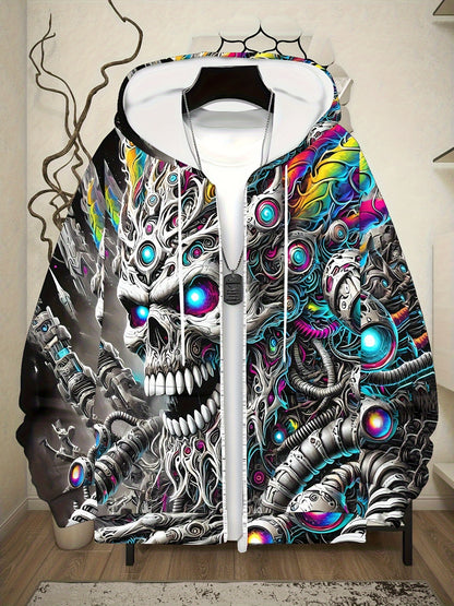 Men's Cyberpunk Gothic Hooded Jacket - Full-Zip Graphic Sweatshirt with Skull & Mechanical Eyes, Front Pockets, Adjustable Drawstring Hood - Lightweight Outerwear for Streetwear, Gym, Halloween Parties - Machine Washable Poly