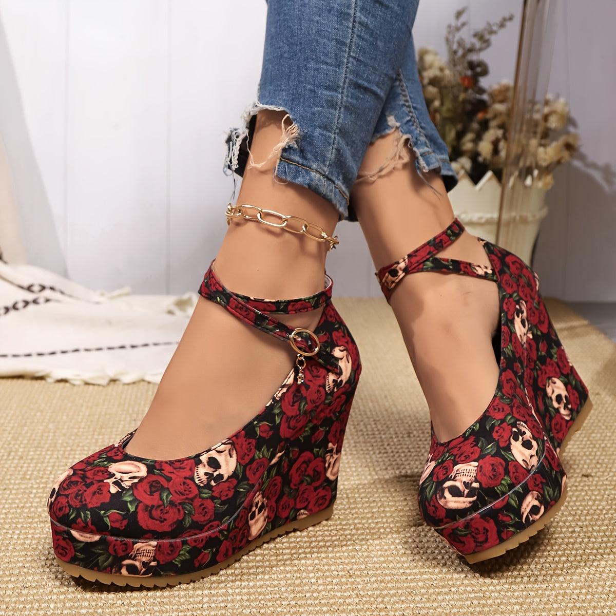 Women's Gothic Rose & Skull Print Wedge Heels - Elegant Ankle Strap Platform Pumps with Metallic Buckle, Red Floral Design on Black Background, Perfect for Casual or Stylish Outfits, Cute Heels